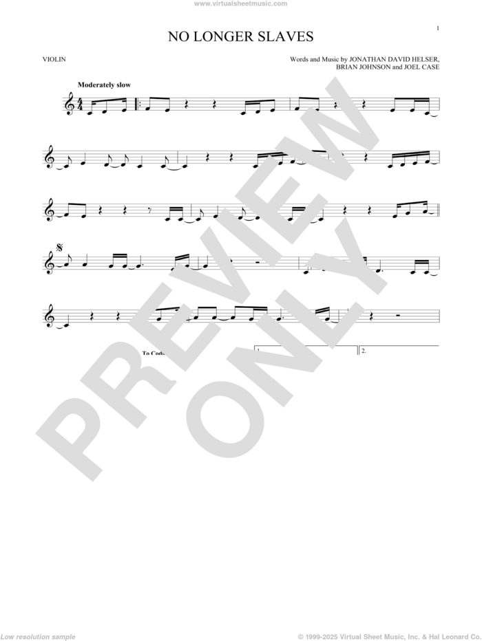 No Longer Slaves sheet music for violin solo by Bethel Music, Brian Johnson, Joel Case and Jonathan David Helser, intermediate skill level