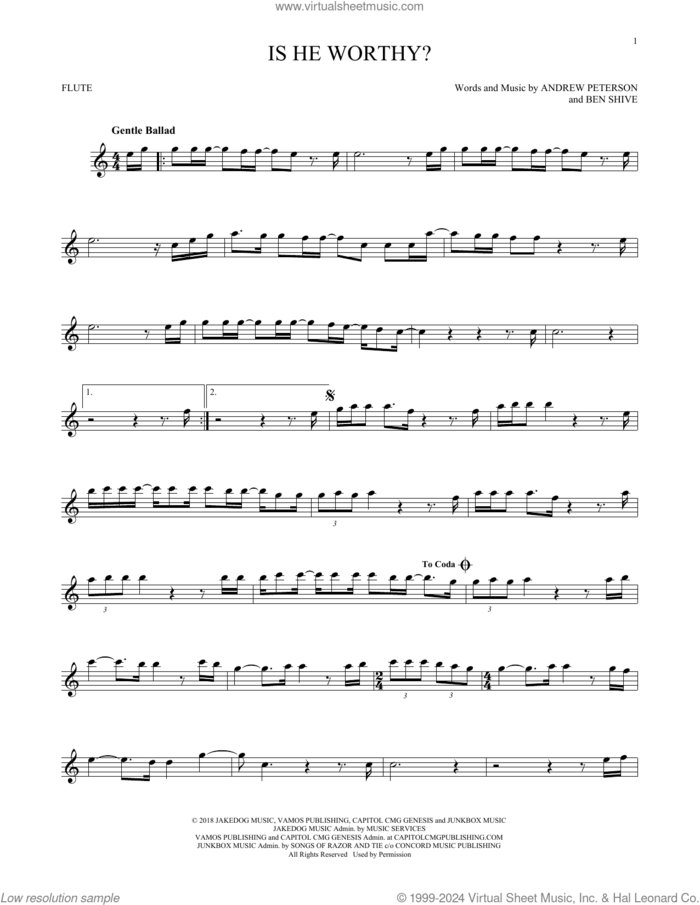 Is He Worthy? sheet music for flute solo by Chris Tomlin, Andrew Peterson and Ben Shive, intermediate skill level
