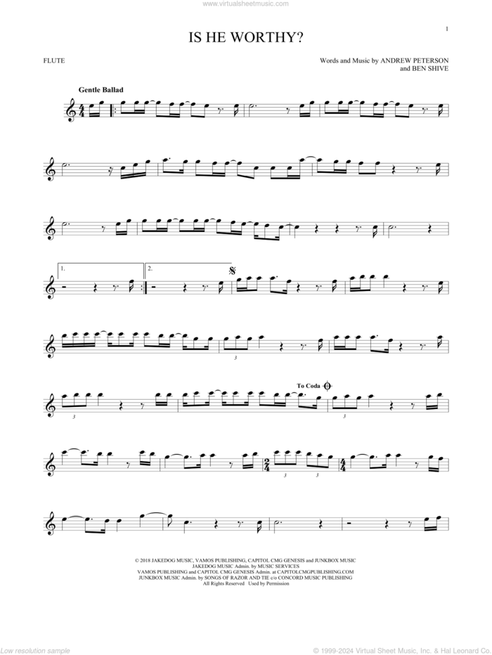 Is He Worthy? sheet music for flute solo by Chris Tomlin, Andrew Peterson and Ben Shive, intermediate skill level