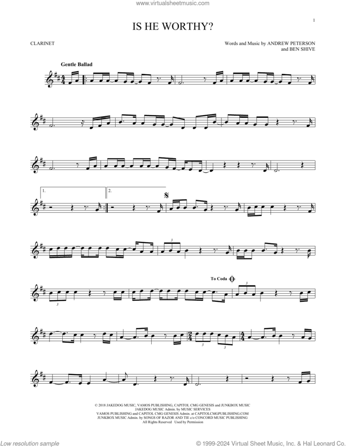 Is He Worthy? sheet music for clarinet solo by Chris Tomlin, Andrew Peterson and Ben Shive, intermediate skill level