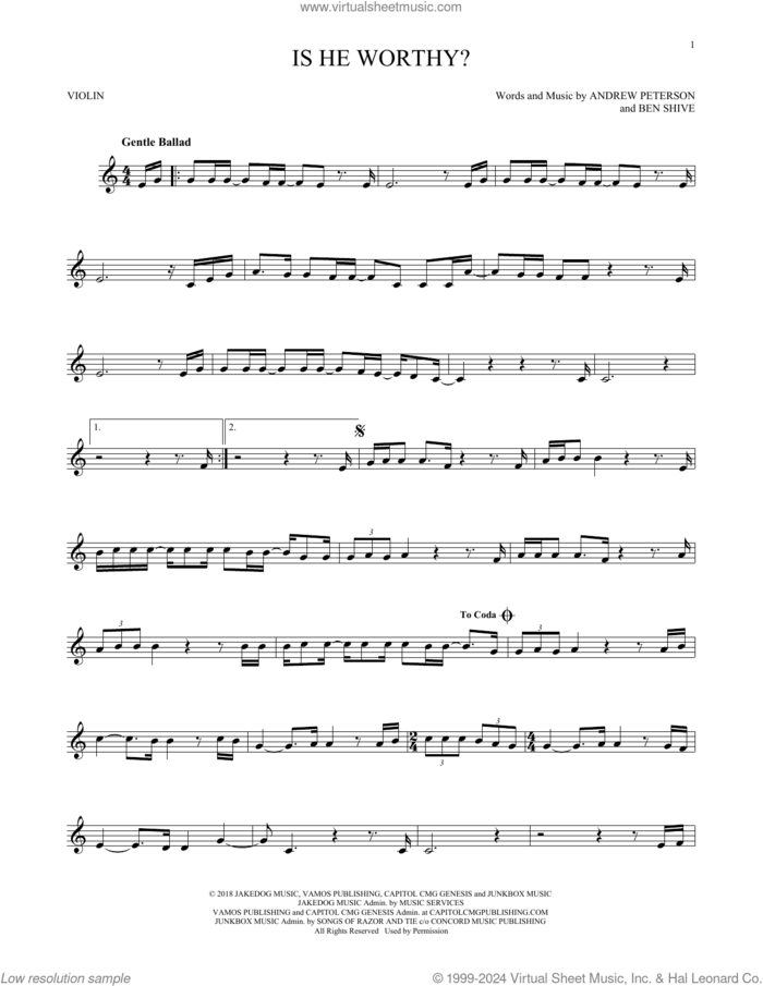 Is He Worthy? sheet music for violin solo by Chris Tomlin, Andrew Peterson and Ben Shive, intermediate skill level