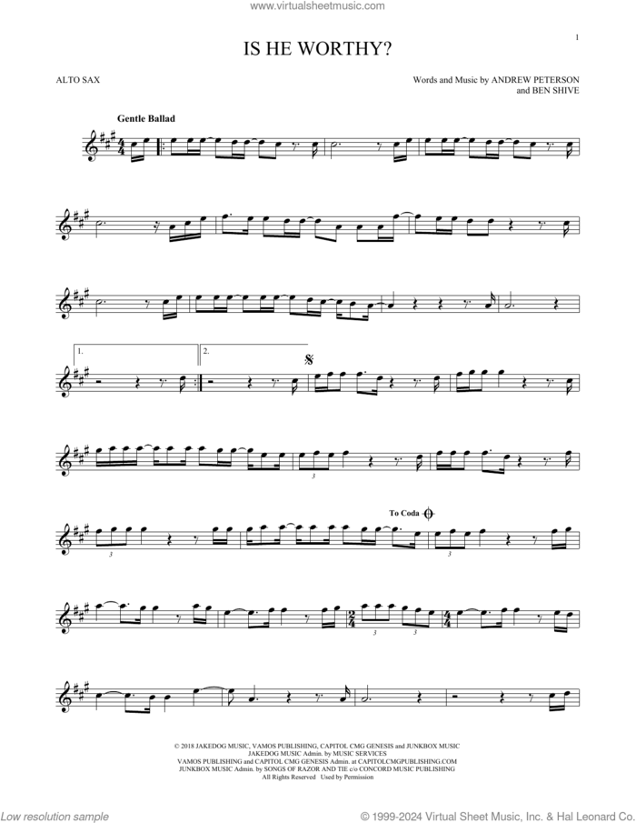 Is He Worthy? sheet music for alto saxophone solo by Chris Tomlin, Andrew Peterson and Ben Shive, intermediate skill level