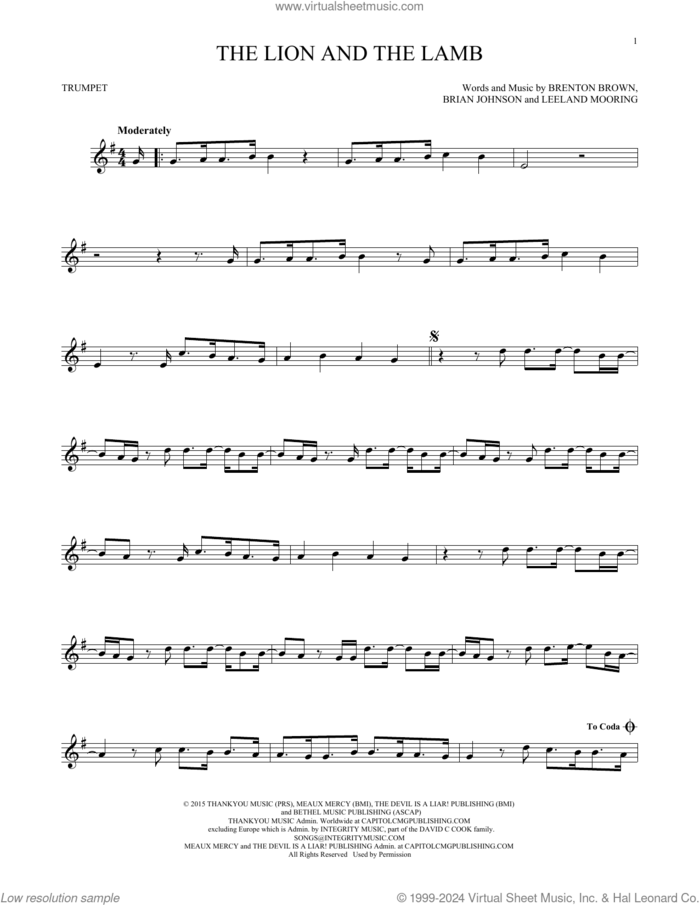 The Lion And The Lamb sheet music for trumpet solo by Big Daddy Weave, Brenton Brown, Brian Johnson and Leeland Mooring, intermediate skill level