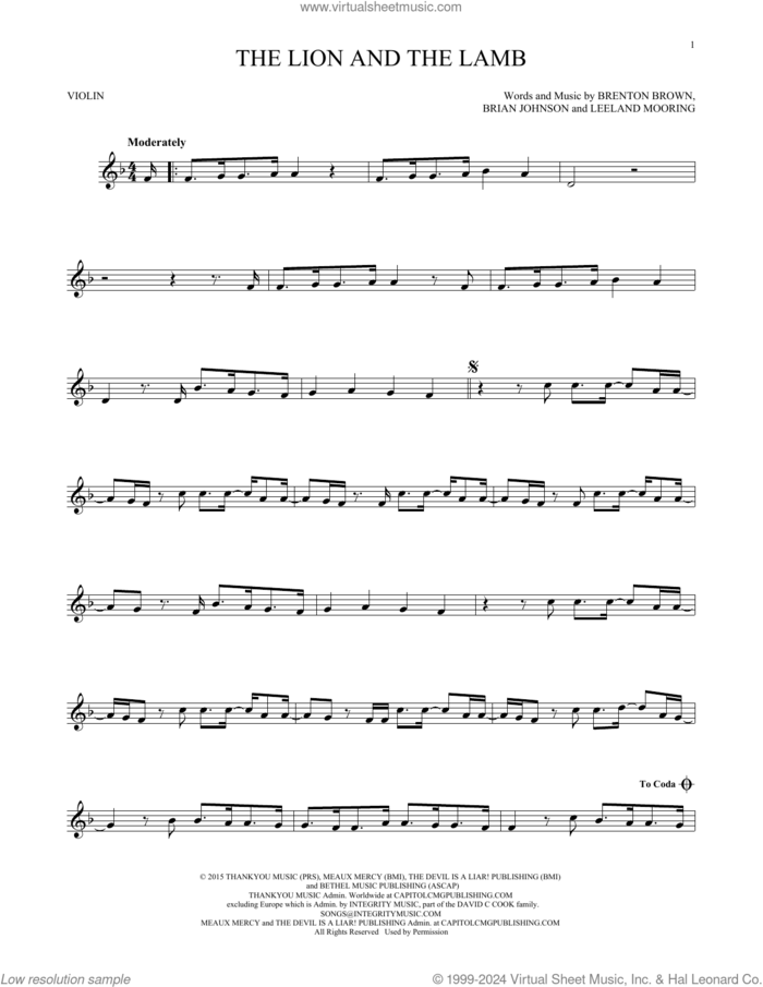 The Lion And The Lamb sheet music for violin solo by Big Daddy Weave, Brenton Brown, Brian Johnson and Leeland Mooring, intermediate skill level