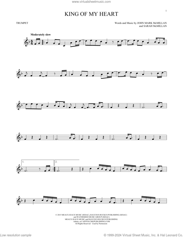 King Of My Heart sheet music for trumpet solo by Bethel Music, John Mark McMillan and Sarah McMillan, intermediate skill level