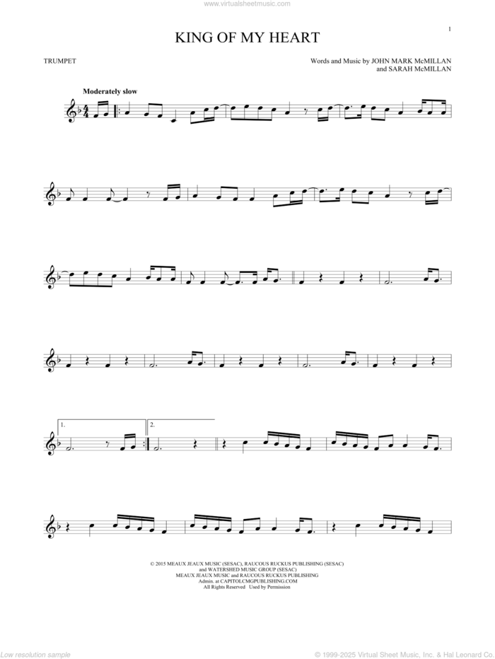 King Of My Heart sheet music for trumpet solo by Bethel Music, John Mark McMillan and Sarah McMillan, intermediate skill level