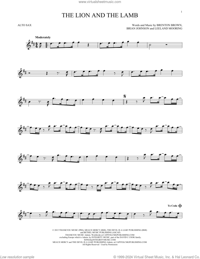The Lion And The Lamb sheet music for alto saxophone solo by Big Daddy Weave, Brenton Brown, Brian Johnson and Leeland Mooring, intermediate skill level