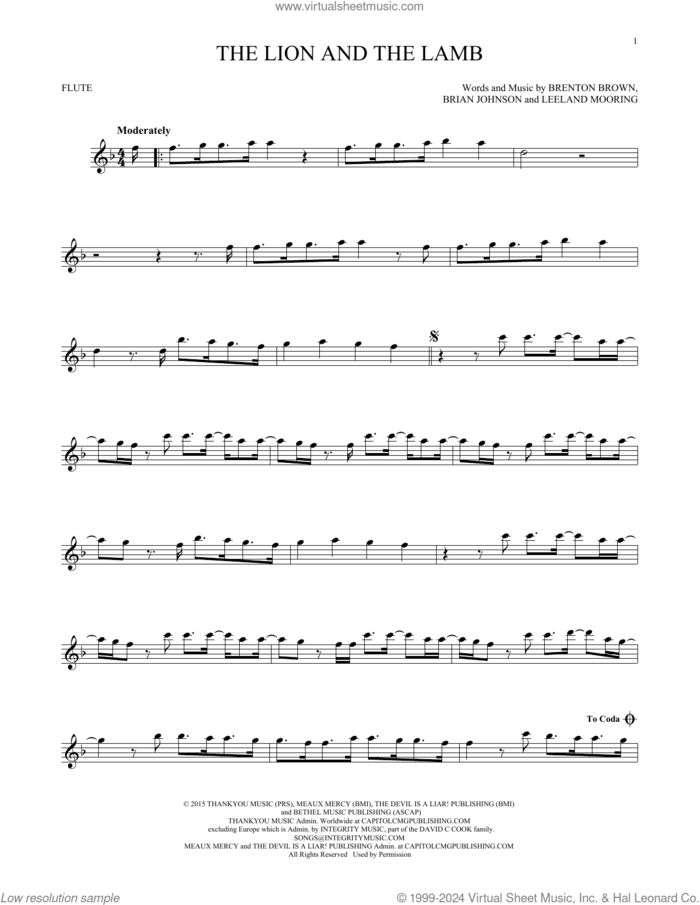 The Lion And The Lamb sheet music for flute solo by Big Daddy Weave, Brenton Brown, Brian Johnson and Leeland Mooring, intermediate skill level