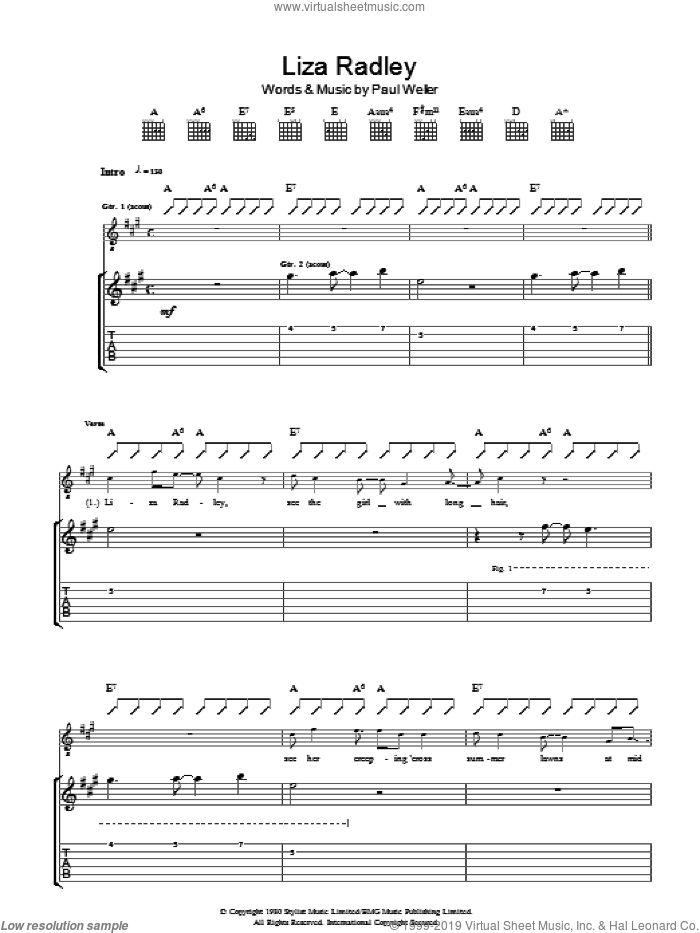 Liza Radley sheet music for guitar (tablature) by The Jam and Paul Weller, intermediate skill level