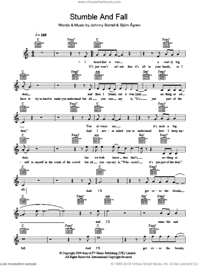 Stumble And Fall sheet music for voice and other instruments (fake book) by Razorlight, Bjirn igren, Bjorn Agren and Johnny Borrell, intermediate skill level