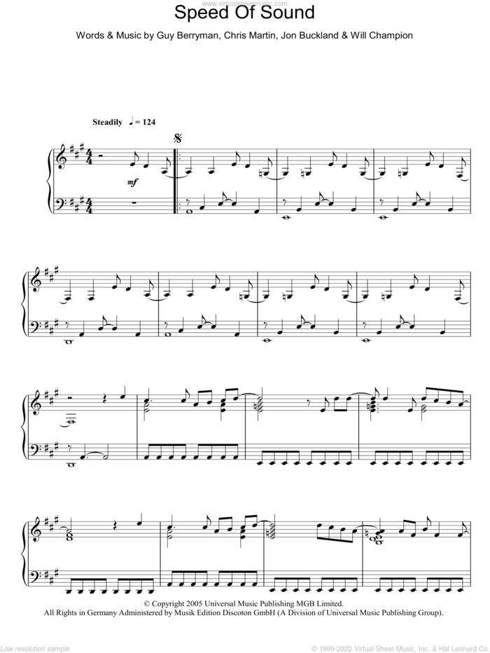 Speed Of Sound sheet music for piano solo by Coldplay, Chris Martin, Guy Berryman, Jon Buckland and Will Champion, intermediate skill level