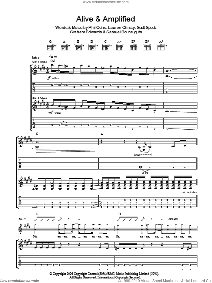 Alive And Amplified sheet music for guitar (tablature) by Mooney Suzuki, Graham Edwards, Lauren Christy, Phil Ochs, Samuel Bounaugurio and Scott Spock, intermediate skill level