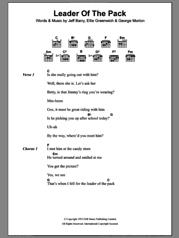 Leader Of The Pack sheet music for guitar (chords) by The Shangri-Las, Ellie Greenwich, George Morton and Jeff Barry, intermediate skill level