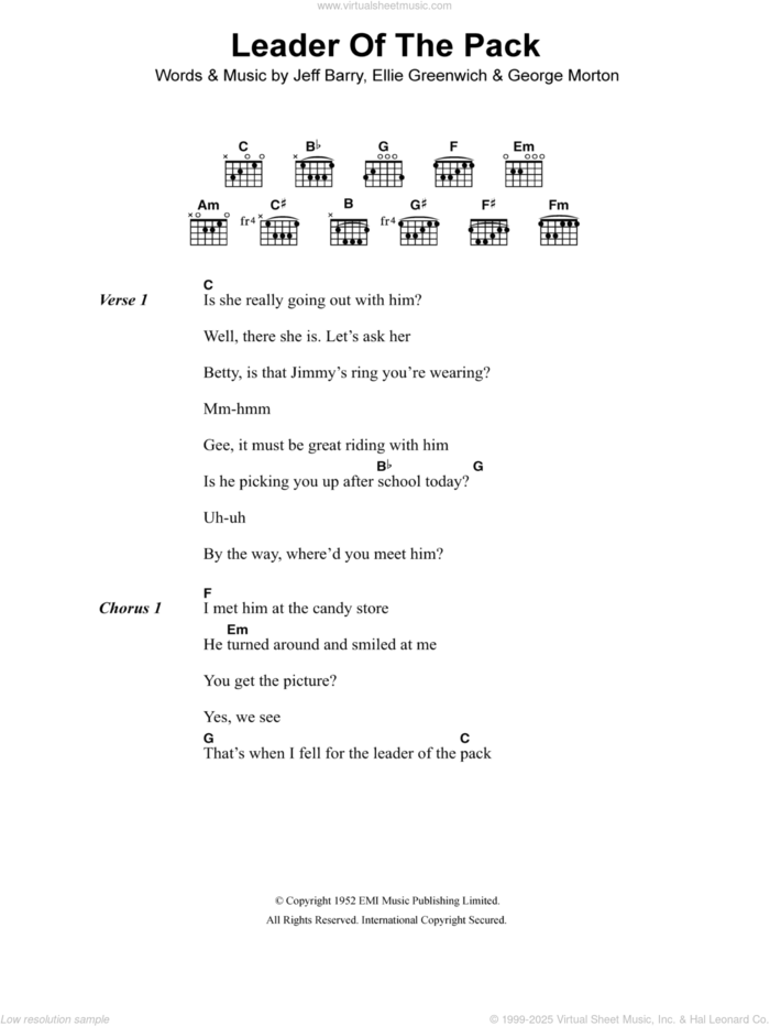Leader Of The Pack sheet music for guitar (chords) by The Shangri-Las, Ellie Greenwich, George Morton and Jeff Barry, intermediate skill level
