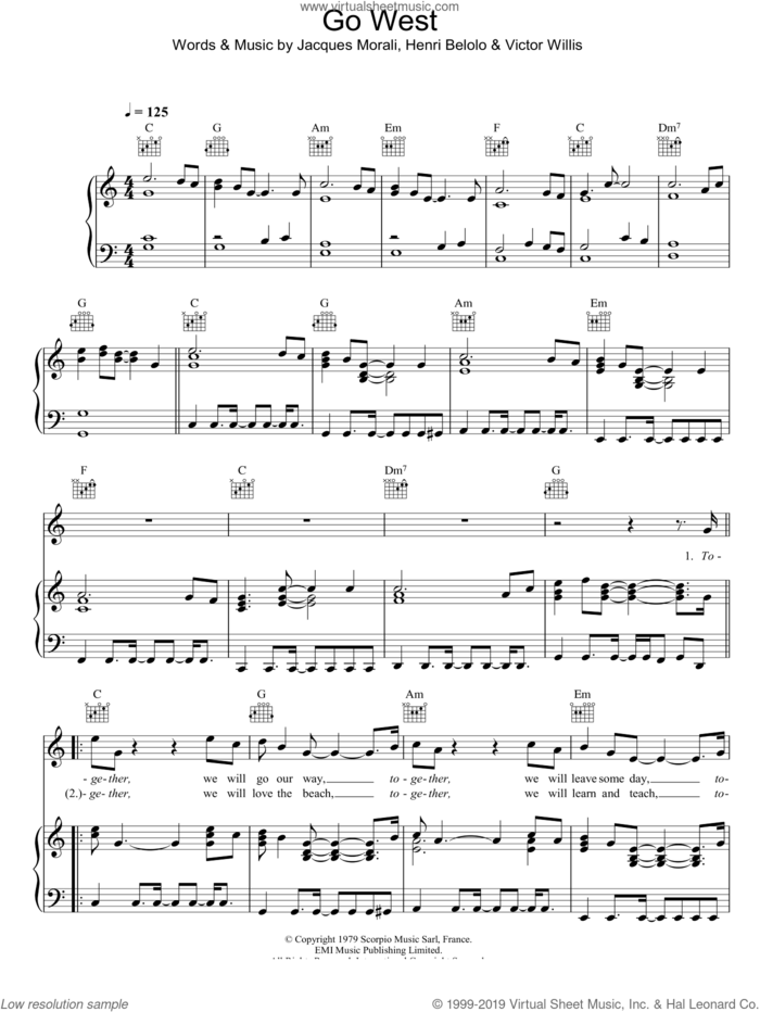 Go West sheet music for voice, piano or guitar by The Pet Shop Boys, Henri Belolo, Jacques Morali and Victor Willis, intermediate skill level