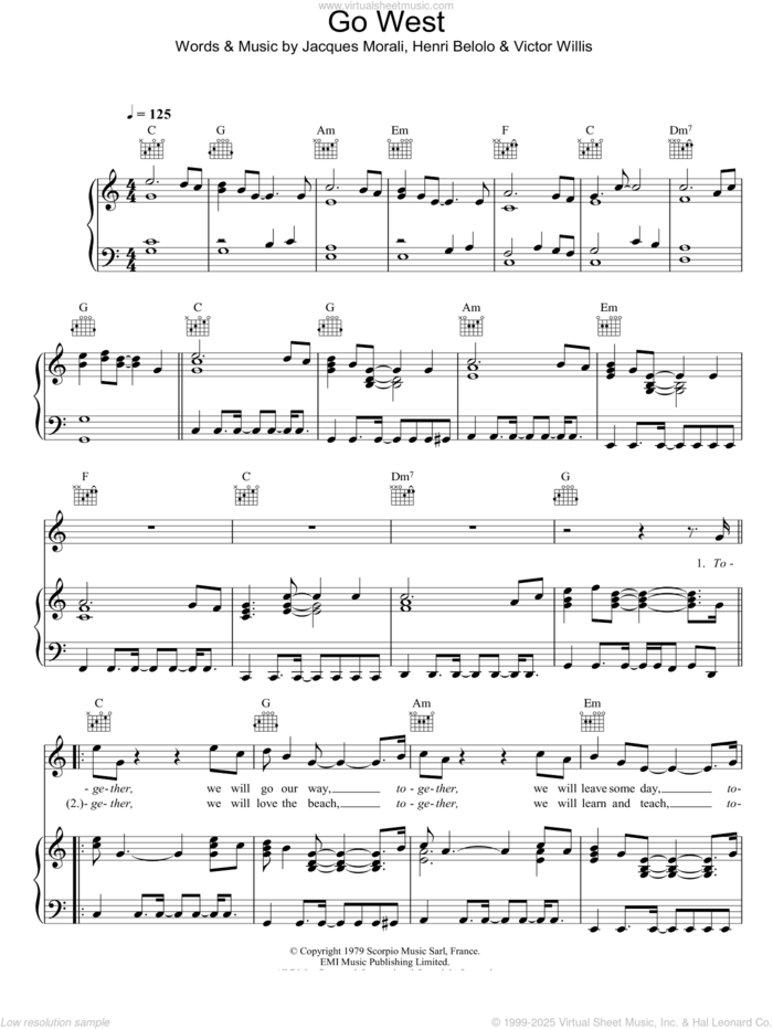 Go West sheet music for voice, piano or guitar by The Pet Shop Boys, Henri Belolo, Jacques Morali and Victor Willis, intermediate skill level