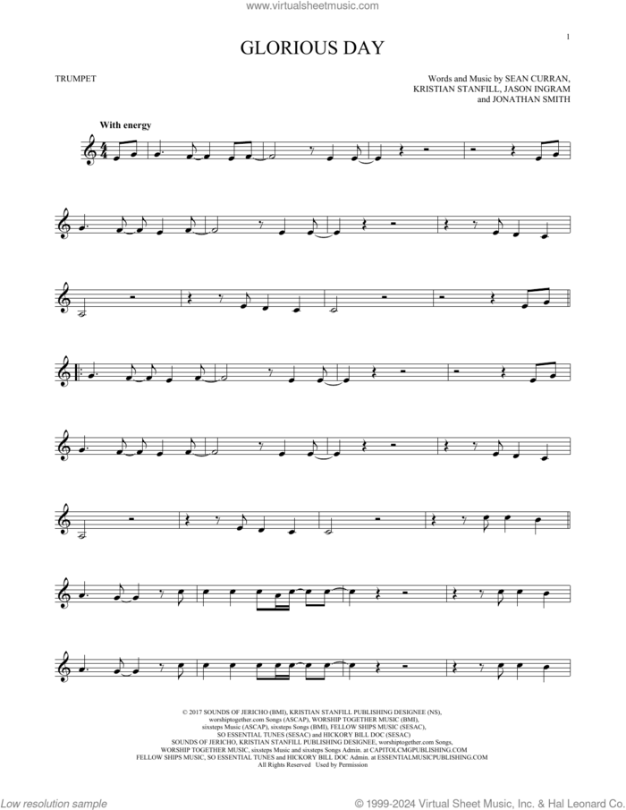 Glorious Day sheet music for trumpet solo by Passion & Kristian Stanfill, Jason Ingram, Jonathan Smith, Kristian Stanfill and Sean Curran, intermediate skill level