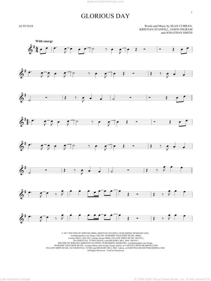 Glorious Day sheet music for alto saxophone solo by Passion & Kristian Stanfill, Jason Ingram, Jonathan Smith, Kristian Stanfill and Sean Curran, intermediate skill level