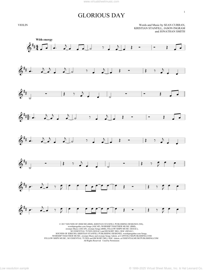 Glorious Day sheet music for violin solo by Passion & Kristian Stanfill, Jason Ingram, Jonathan Smith, Kristian Stanfill and Sean Curran, intermediate skill level