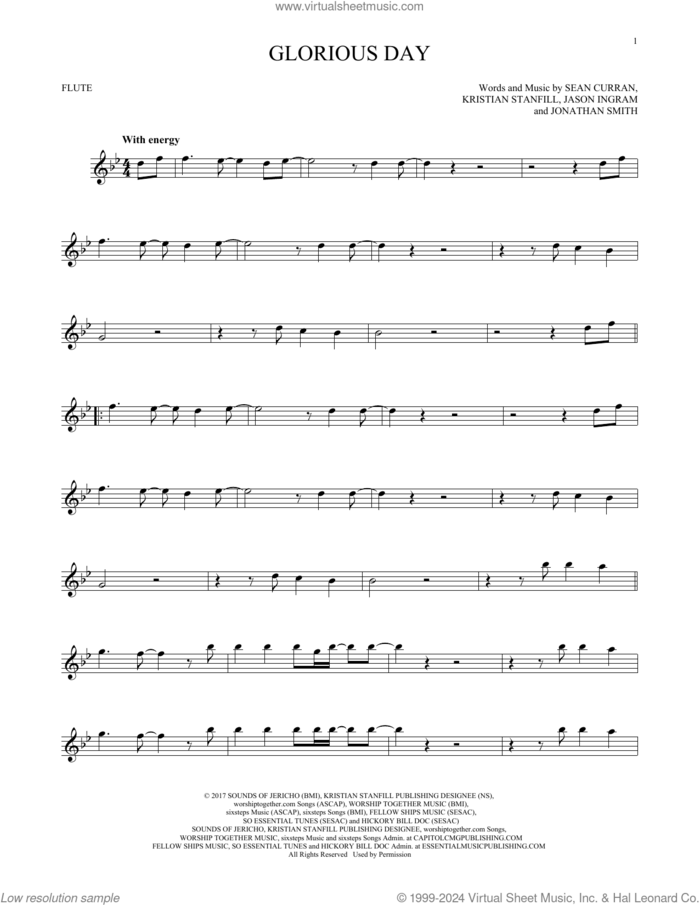 Glorious Day sheet music for flute solo by Passion & Kristian Stanfill, Jason Ingram, Jonathan Smith, Kristian Stanfill and Sean Curran, intermediate skill level