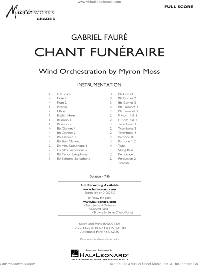 Chant Funeraire (arr. Myron Moss) (COMPLETE) sheet music for concert band by Gabriel Faure and Myron Moss, classical score, intermediate skill level