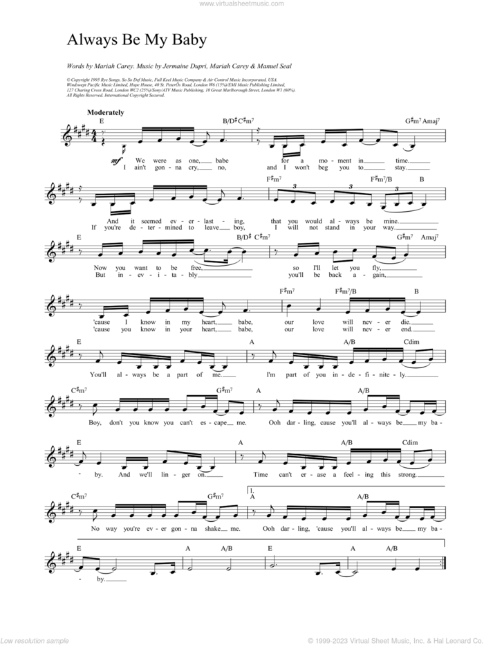 Always Be My Baby sheet music for voice and other instruments (fake book) by Mariah Carey, intermediate skill level