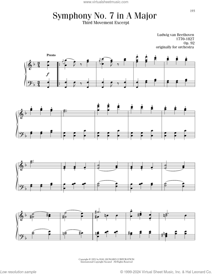 Symphony No. 7 In A Major, Third Movement sheet music for piano solo by Ludwig van Beethoven, classical score, intermediate skill level