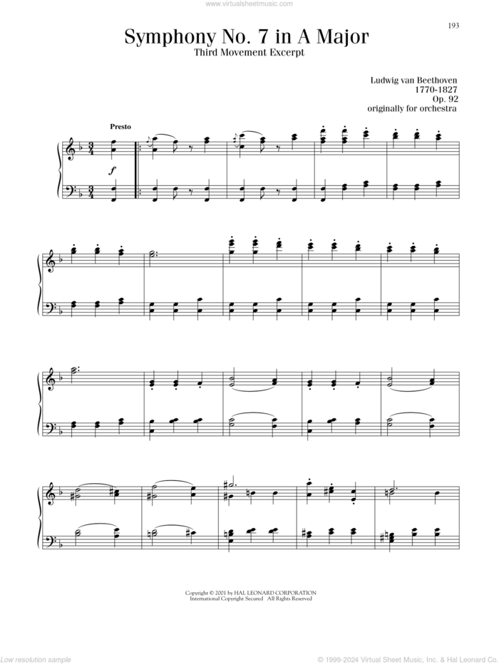 Symphony No. 7 In A Major, Third Movement sheet music for piano solo by Ludwig van Beethoven, classical score, intermediate skill level