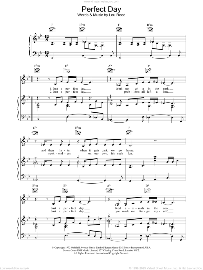 Perfect Day sheet music for voice, piano or guitar by Lou Reed, intermediate skill level