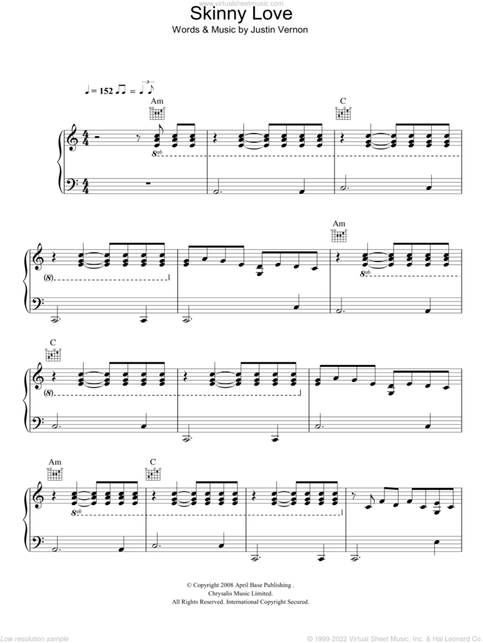 Skinny Love sheet music for voice, piano or guitar by Bon Iver and Justin Vernon, intermediate skill level
