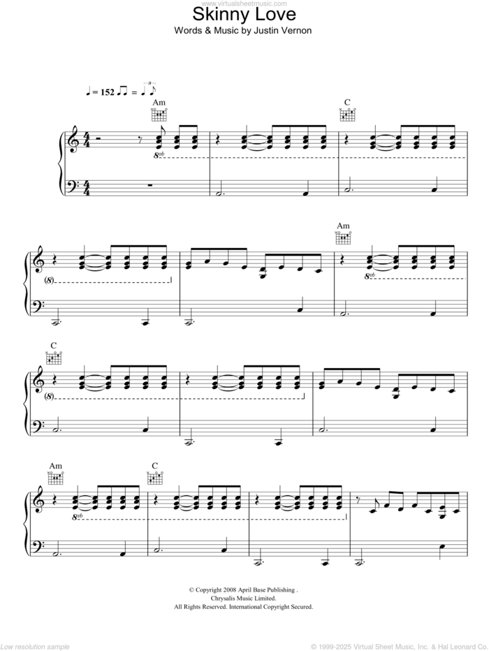 Skinny Love sheet music for voice, piano or guitar by Bon Iver and Justin Vernon, intermediate skill level