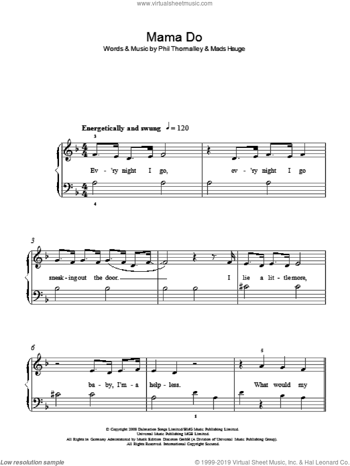 Mama Do sheet music for piano solo by Pixie Lott, Mads Hauge and Phil Thornalley, easy skill level