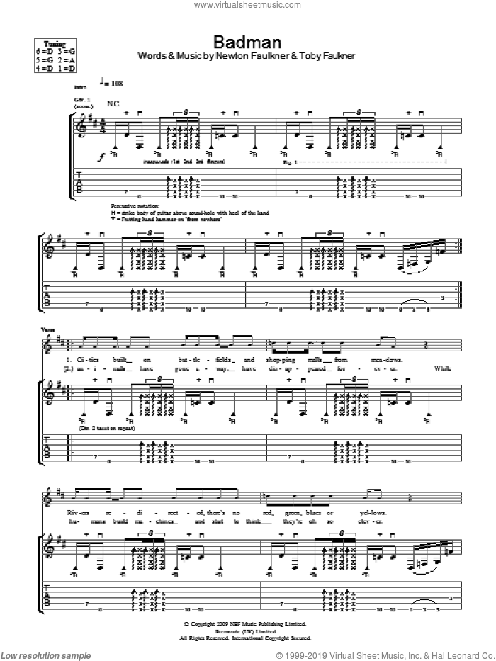 Badman sheet music for guitar (tablature) by Newton Faulkner and Toby Faulkner, intermediate skill level