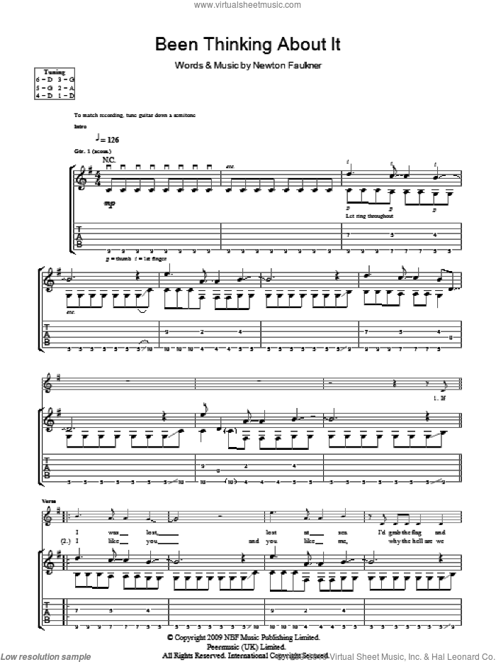Been Thinking About It sheet music for guitar (tablature) by Newton Faulkner, intermediate skill level