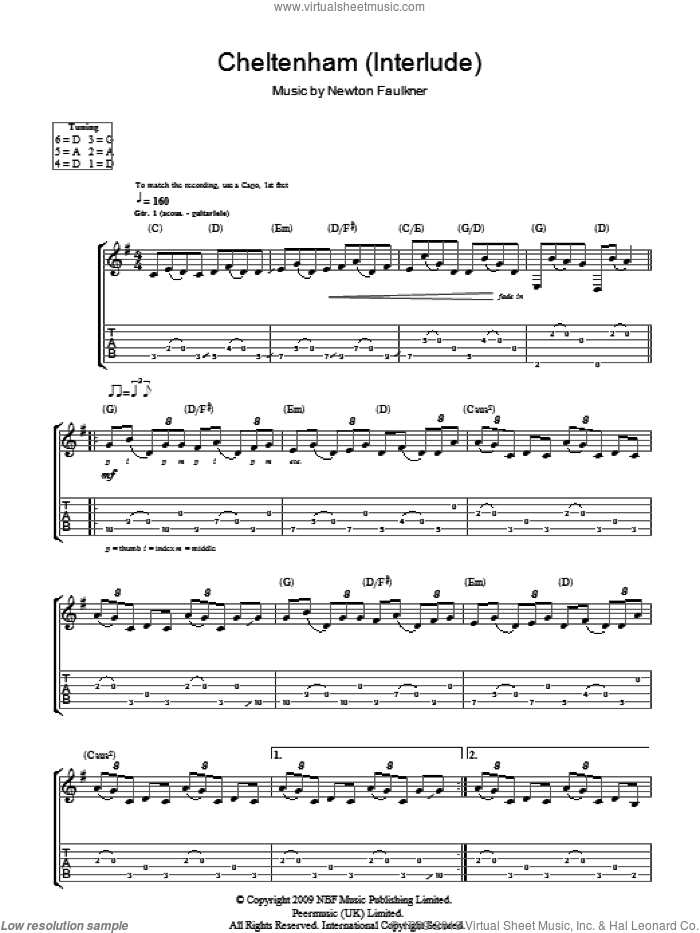 Cheltenham (Interlude) sheet music for guitar (tablature) by Newton Faulkner, intermediate skill level