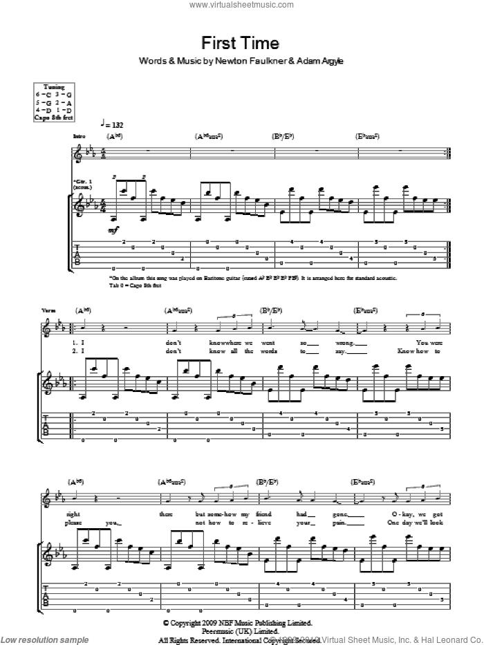 First Time sheet music for guitar (tablature) by Newton Faulkner and Adam Argyle, intermediate skill level
