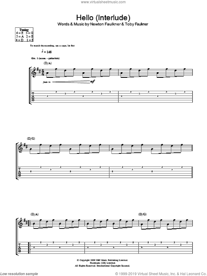 Hello (Interlude) sheet music for guitar (tablature) by Newton Faulkner and Toby Faulkner, intermediate skill level