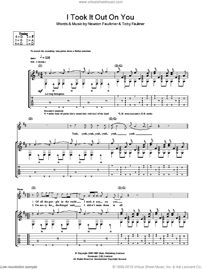 I Took It Out On You sheet music for guitar (tablature) by Newton Faulkner and Toby Faulkner, intermediate skill level