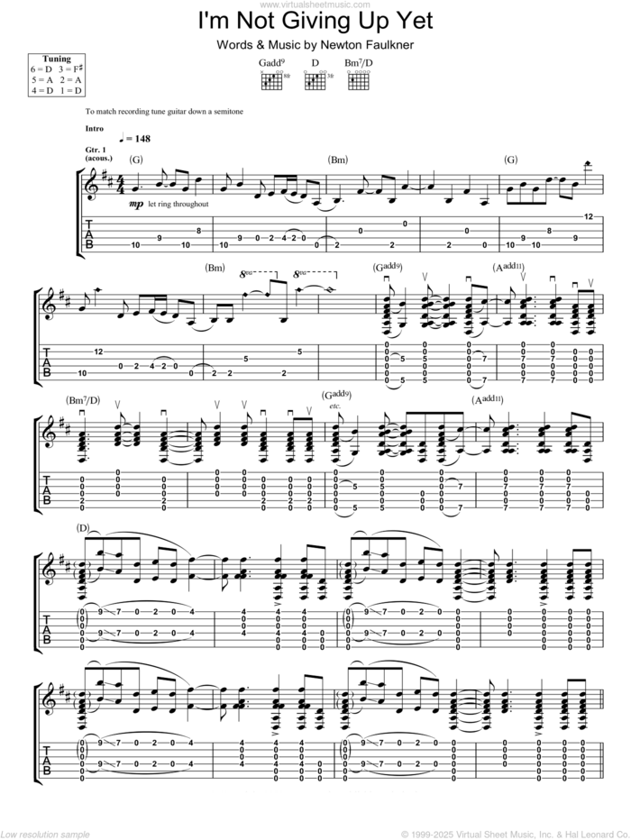 I'm Not Giving Up Yet sheet music for guitar (tablature) by Newton Faulkner, intermediate skill level