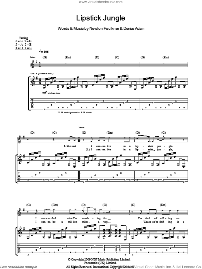 Lipstick Jungle sheet music for guitar (tablature) by Newton Faulkner and Denise Adam, intermediate skill level