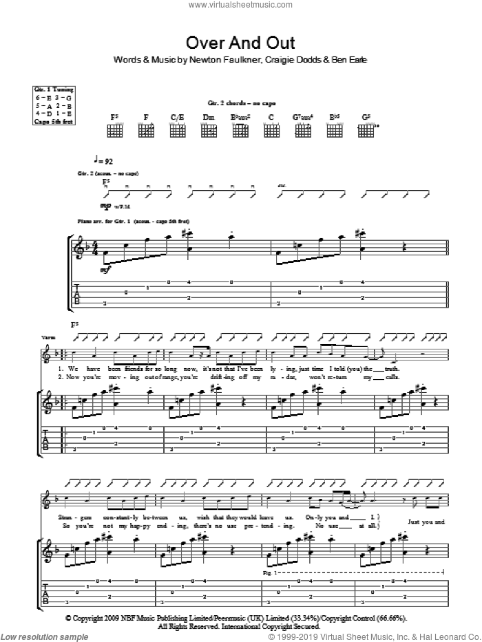 Over And Out sheet music for guitar (tablature) by Newton Faulkner, Ben Earle and Craigie Dodds, intermediate skill level
