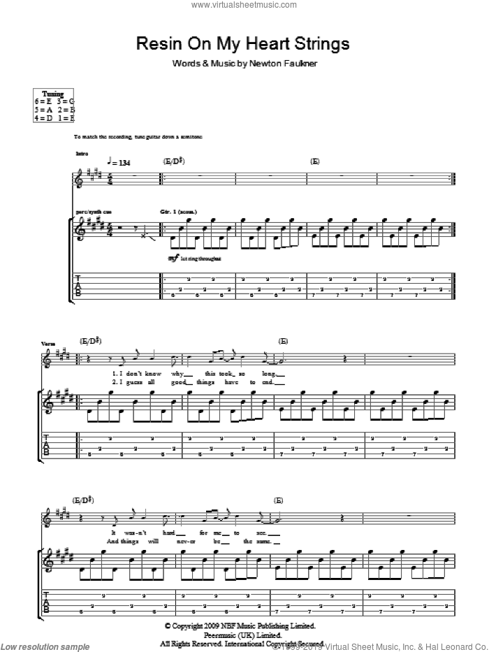 Resin On My Heart Strings sheet music for guitar (tablature) by Newton Faulkner, intermediate skill level