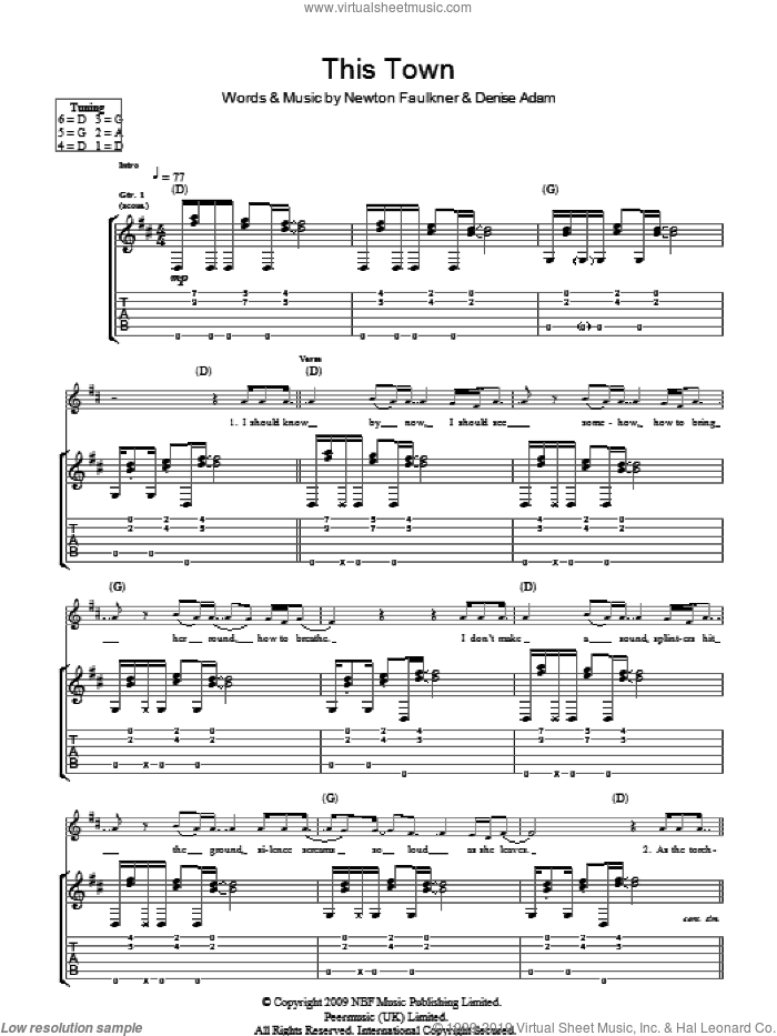 This Town sheet music for guitar (tablature) by Newton Faulkner and Denise Adam, intermediate skill level