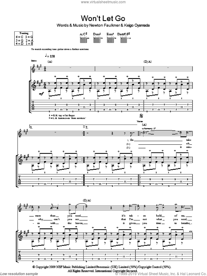 Won't Let Go sheet music for guitar (tablature) by Newton Faulkner and Keigo Oyamada, intermediate skill level