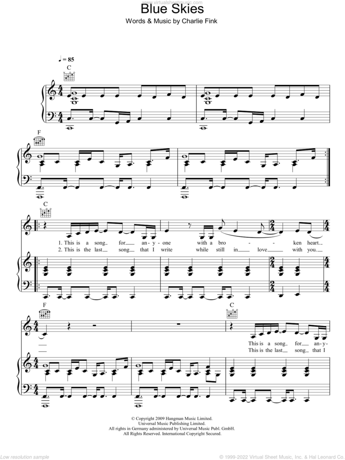 Blue Skies sheet music for voice, piano or guitar by Noah And The Whale and Charlie Fink, intermediate skill level