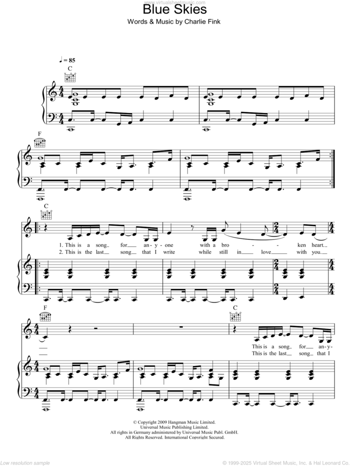 Blue Skies sheet music for voice, piano or guitar by Noah And The Whale and Charlie Fink, intermediate skill level