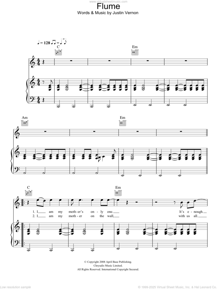 Flume sheet music for voice, piano or guitar by Bon Iver and Justin Vernon, intermediate skill level