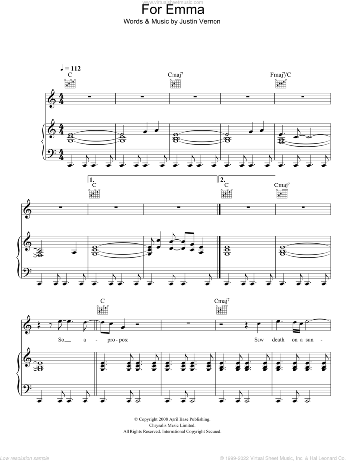 For Emma sheet music for voice, piano or guitar by Bon Iver and Justin Vernon, intermediate skill level