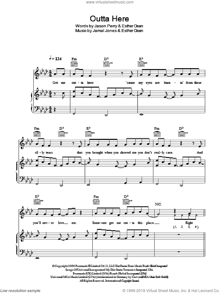 Outta Here sheet music for voice, piano or guitar by Esme Denters, Ester Dean, Jamal Jones and Jason Perry, intermediate skill level