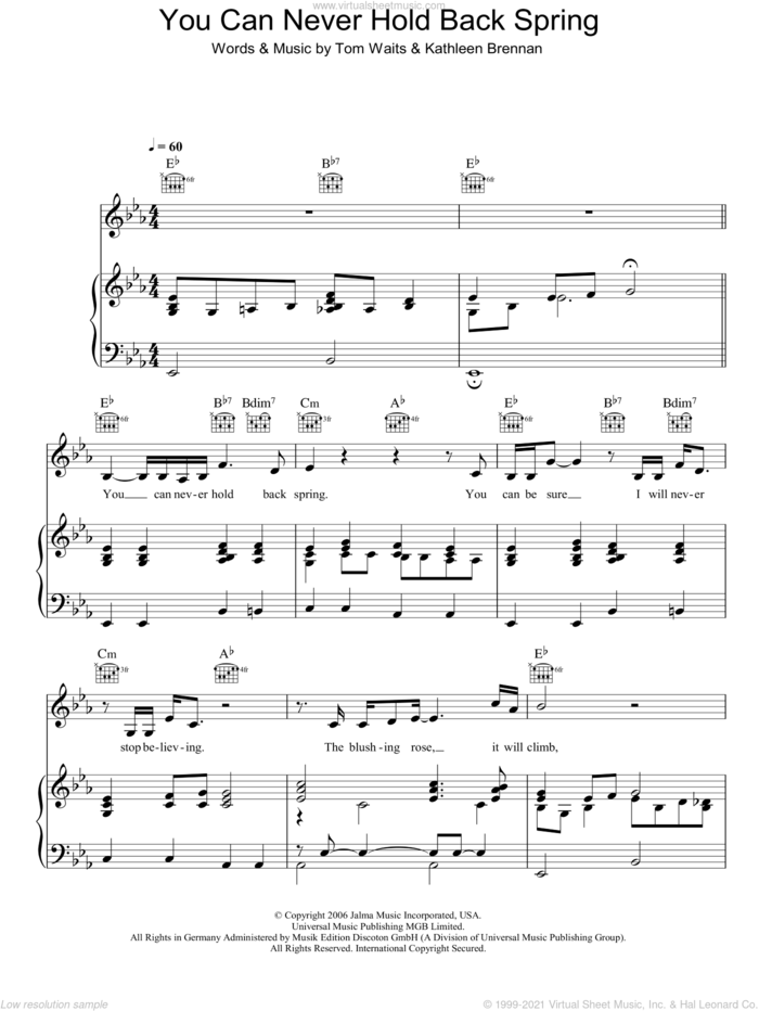 You Can Never Hold Back Spring sheet music for voice, piano or guitar by Tom Waits and Kathleen Brennan, intermediate skill level